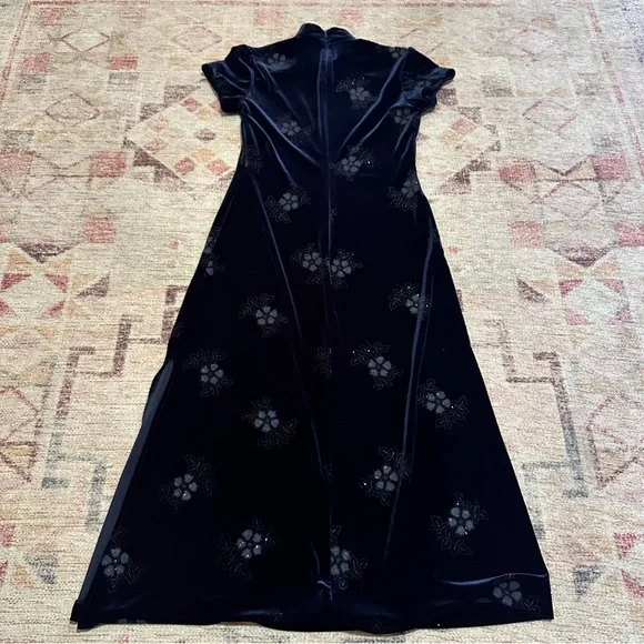 Vintage 90’s Navy velvet floral maxi dress short sleeves high neck size 4 petite - Picture 5 of 10